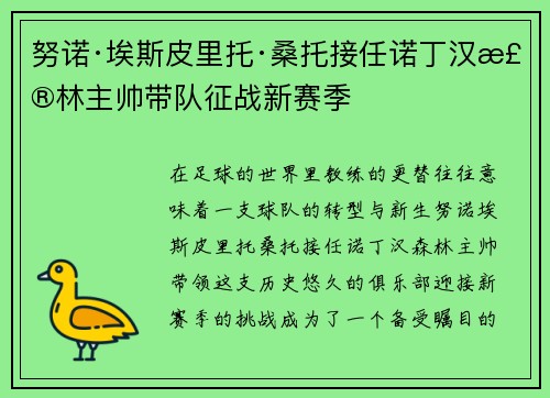 努诺·埃斯皮里托·桑托接任诺丁汉森林主帅带队征战新赛季 努诺·埃斯皮里托·桑托接任诺丁汉森林主帅带队征战新赛季